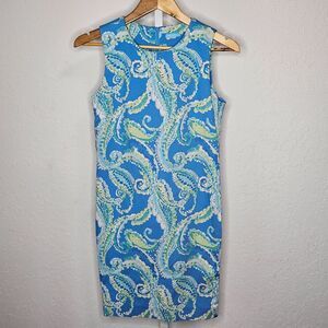 J. McLaughlin Blue Green Paisley‎ Sheath Dress Sleeveless Textured Knit Size 4